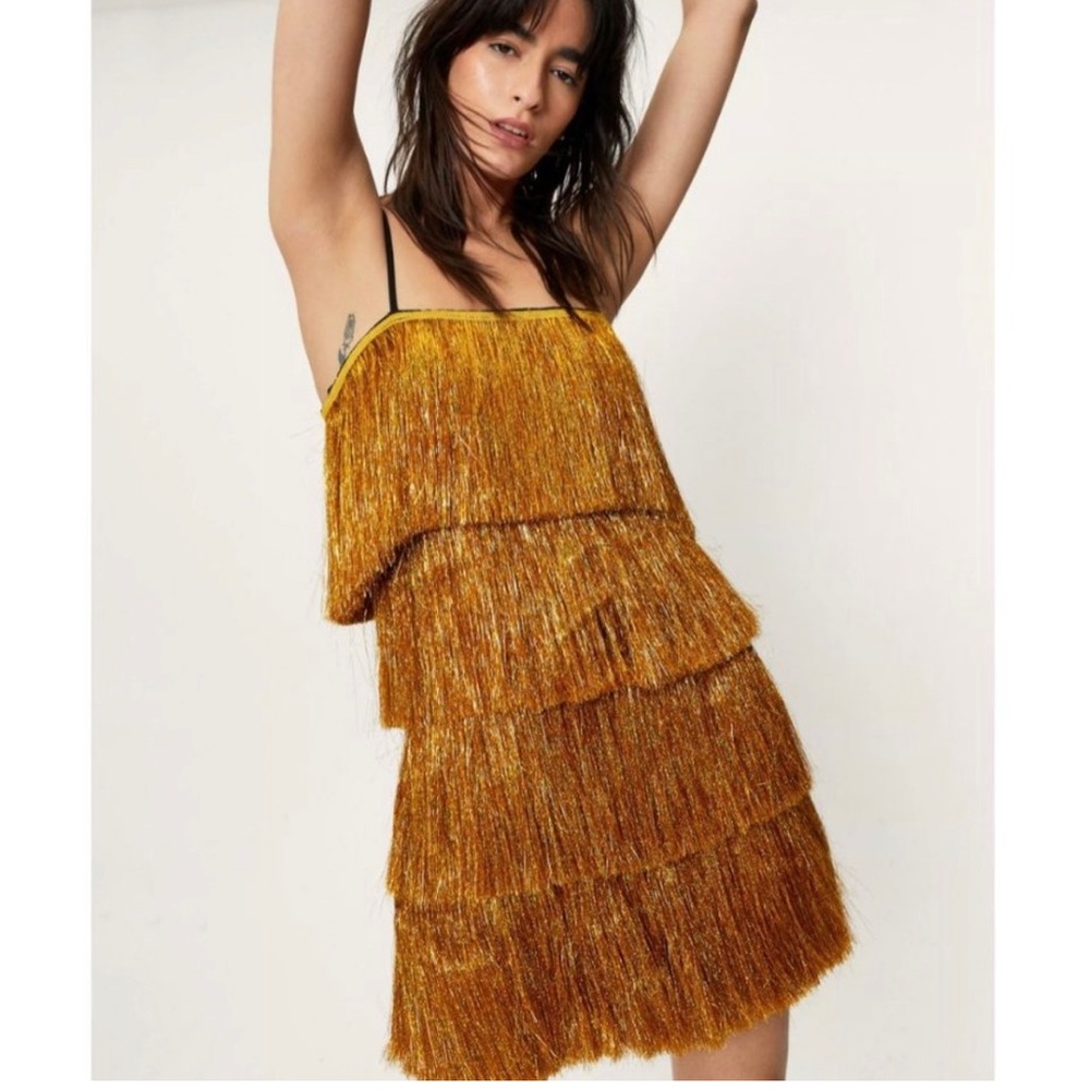 Nasty Gal Tinsel Fringe Cami Tank Gold Taylor Swift Fearless Dress size US 6